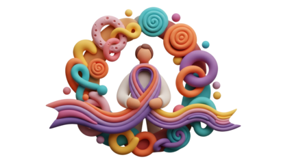 Colorful abstract meditation figure with swirling shapes and vibrant colors, perfect for wellness and mindfulness themes
