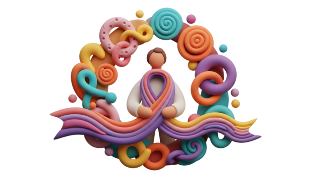 Colorful abstract meditation figure with swirling shapes and vibrant colors, perfect for wellness and mindfulness themes