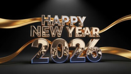 Gleaming "Happy New Year 2026" Display with Golden Ribbons on a Sleek Black Backdrop