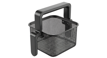 A black and white studio shot of an empty dishwasher cutlery basket with a handle on a black background