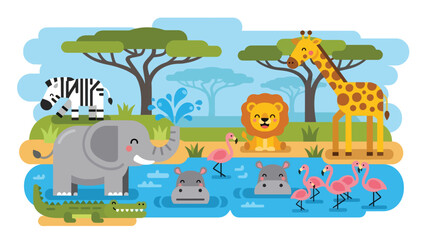 Fototapeta premium Flat cute kids vector safari scene with giraffe, elephant, lion, hippo, zebra, and flamingos around a watering hole. Ideal for nursery decor and early learning materials