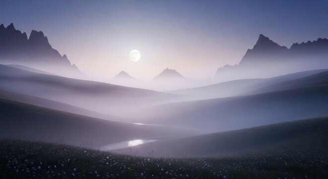Ethereal moonlit landscape with misty valleys and towering mountain silhouettes - Powered by Adobe