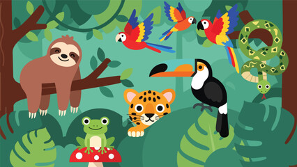 Obraz premium Flat cute kids vector rainforest scene with sloth, toucan, jaguar cub, parrots, and tree frog surrounded by large tropical leaves. Ideal for playful educational content