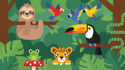 Obraz premium Flat cute kids vector rainforest scene with sloth, toucan, jaguar cub, parrots, and tree frog surrounded by large tropical leaves. Ideal for playful educational content