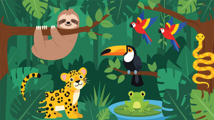 Obraz premium Flat cute kids vector rainforest scene with sloth, toucan, jaguar cub, parrots, and tree frog surrounded by large tropical leaves. Ideal for playful educational content