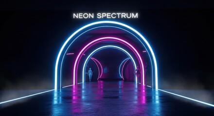 Illuminated pathway with arching neon lights, creating a futuristic portal ambiance