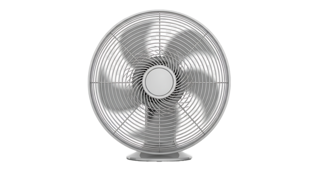 Close up of a vintage oscillating electric fan with metal blades on a black background