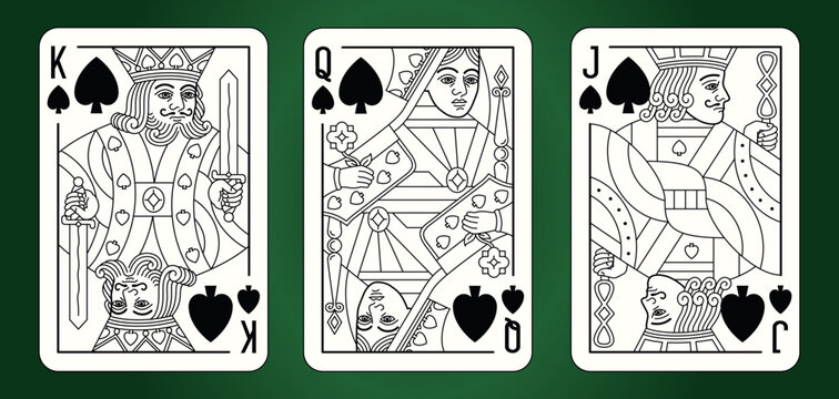 Plauing cards set: King, Queen and Jack of Spades. Vector editable illustrations. Classic design