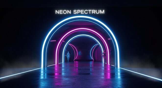 Illuminated pathway with arching neon lights, creating a futuristic portal ambiance - Powered by Adobe