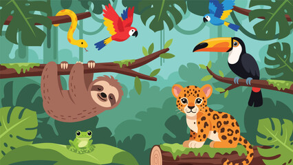 Obraz premium Flat cute kids vector rainforest scene with sloth, toucan, jaguar cub, parrots, and tree frog surrounded by large tropical leaves. Ideal for playful educational content