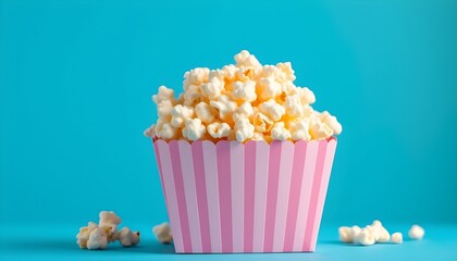 Pink popcorn box filled with popcorn on a blue background.