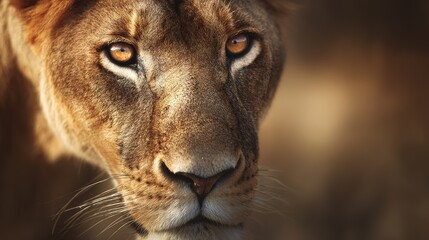 ferocity. Lioness with a focused gaze and detailed fur, bathed in golden savanna light with a natural habitat backdrop. wildlife magazines.