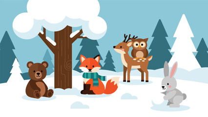 Naklejka premium Flat cute kids vector winter woodland scene with fox in scarf, deer, bear cub, rabbit, and owl in snow. Ideal for seasonal kids illustrations and educational content
