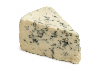 Wedge of blue cheese with mold on transparent background, dairy product for gourmet cooking and appetizers