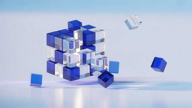 Abstract geometric composition of translucent blue and clear cubes floating