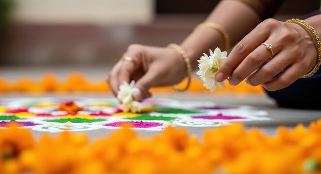 Elegant hands adorn vibrant Rangoli, a celebration of traditions and visual artistry