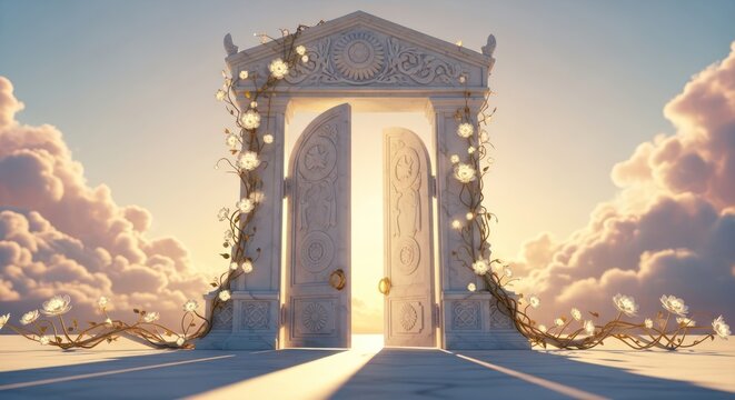 Ethereal portal of light, an architectural gateway opening onto a heavenly cloudscape scene