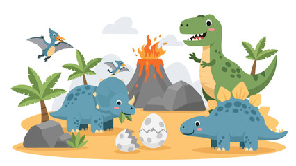 Flat style cute kids vector with friendly dinosaurs like T-Rex, stegosaurus, triceratops, and baby pterodactyl in volcano valley. Ideal for preschool and themed kids content © Amie