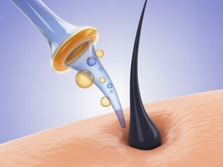 Close up of a hair follicle with a dropper applying serum to the scalp
