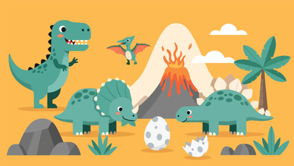 Flat style cute kids vector with friendly dinosaurs like T-Rex, stegosaurus, triceratops, and baby pterodactyl in volcano valley. Ideal for preschool and themed kids content