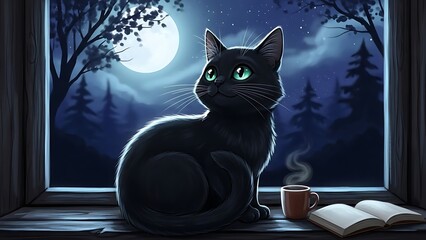 Enchanting Black Cat Gazing at a Full Moon from a Cozy Window Sill with a Book and Coffee