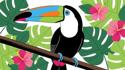 Obraz premium Vibrant Toucan Perched on a Branch Amidst Lush Tropical Foliage and Exotic Flowers