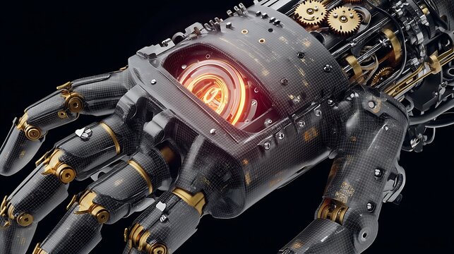 Futuristic robotic hand with intricate gears and glowing core against a dark background, showcasing advanced technology