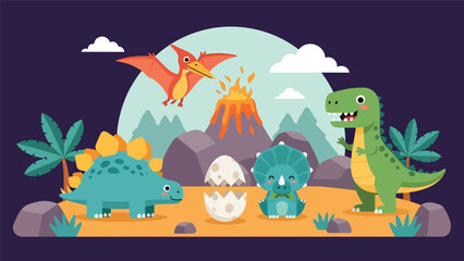 Flat style cute kids vector with friendly dinosaurs like T-Rex, stegosaurus, triceratops, and baby pterodactyl in volcano valley. Ideal for preschool and themed kids content