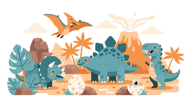 Flat style cute kids vector with friendly dinosaurs like T-Rex, stegosaurus, triceratops, and baby pterodactyl in volcano valley. Ideal for preschool and themed kids content