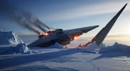 Futuristic spaceship wreckage on an icy planet offering a sense of survival and exploration beyond