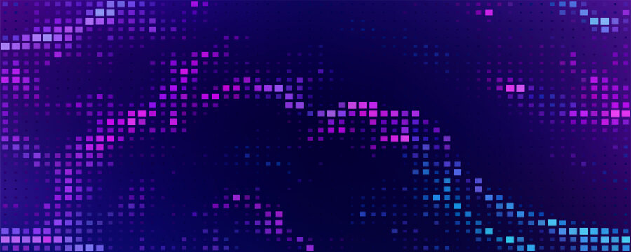 Purple abstract pixel texture bg video screen. Tv pattern background with square noise effect. Futuristic broadcast neon gradient banner for television. Modern vhs led static display element