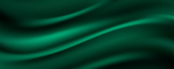Green drapery silk fabric luxury background. Wavy abstract satin cloth vector texture pattern. Smooth shiny drape material curtain. Elegant velvet curve motion image realistic horizontal design.