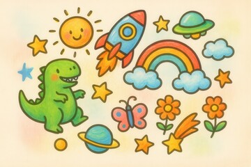 Obraz premium Whimsical dinosaur amidst vibrant celestial elements including a rocket, rainbow, sunny sky, and colorful flowers evoking a sense of childlike wonder and imagination