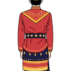 Traditional Indonesian Man Wearing Red Clothing and Batik Sarong with Intricate Patterns Back View