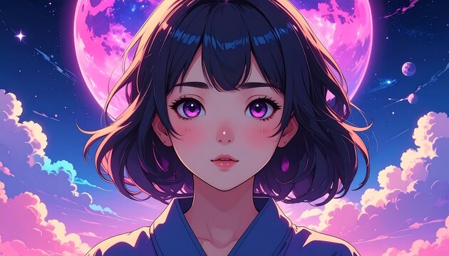 Anime girl portrait with short black hair, pink eyes, set against a surreal pink moon and cloudscape