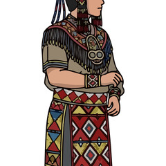 Traditional Ethnic Woman Costume Illustration Intricate Patterns Richly Decorated Clothing Historical Attire Cultural Garb