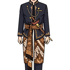 Traditional Indonesian Man Wearing Dark Blue Official Attire Complete with Batik Sarong and Keris Dagger