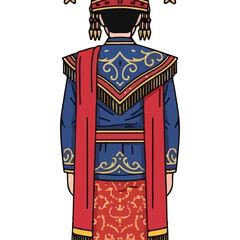 Traditional Indonesian Man Wearing Elaborate Blue and Red Ceremonial Attire with Ornate Gold Embroidery from the Back
