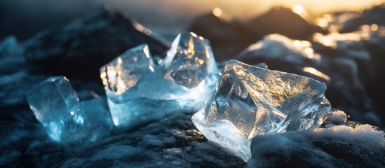 Close-up of sparkling ice crystals reflecting sunlight in a natural environment.