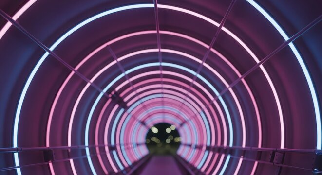 Neon illuminated futuristic tunnel vision with geometric shapes and vibrant colors
