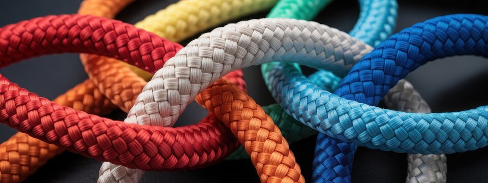 Vibrant colorful ropes intertwined in a complex knot pattern