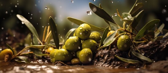 Close-up of fresh green olives with leaves, water droplets, and natural light.