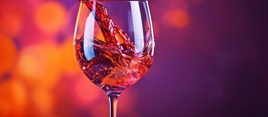 Close-up of a wine glass being filled with red wine, with a colorful background.