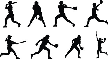 Silhouette vector illustration of female softball players in various action poses including pitching, batting, catching, and fielding for sports design.