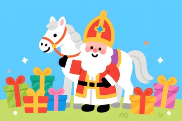 Fototapeta premium Cute cartoon Saint Nicholas with white horse and colorful christmas gift boxes