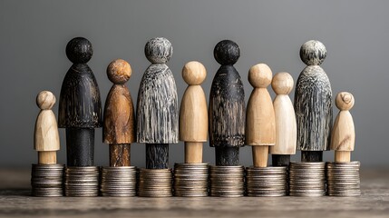 Wooden Figures on Coin Stacks Illustrating Wealth and Social Inequality