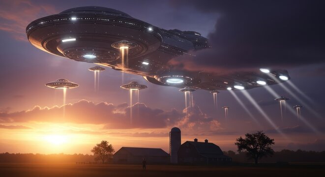 Surreal dawn landscape featuring alien spacecraft hovering over a serene countryside scene