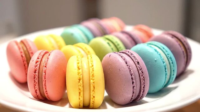 Convey colorful macarons arranged in pastel rows