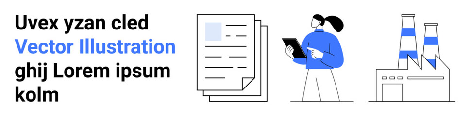 Workplace safety, industrial engineering, process management, document review, factory production, environmental standards. Illustrated worker with clipboard, files and factory. Workplace safety