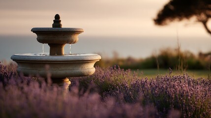 Obraz premium Vintage Stone Fountain in a Lavender Field at Sunset